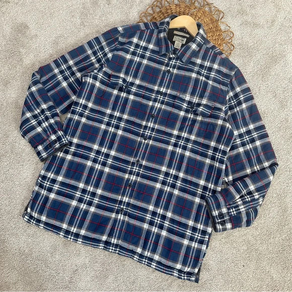 L.L. Bean Men’s Plaid Fleece-Lined Flannel Button Down Shirt Jacket Size L-Tall - Picture 1 of 16